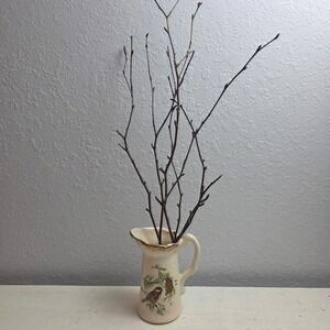 Vintage Maine Chickadee Pine Cone Ceramic Pitcher Gold Trim Souvenir Jug